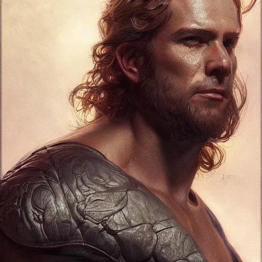 Prompt: portrait of jean baudrillard, soft hair, muscular, half body, leather, d & d, fantasy, intricate, elegant, highly detailed, digital painting, artstation, concept art, smooth, sharp focus, illustration, art by artgerm and greg rutkowski and alphonse mucha