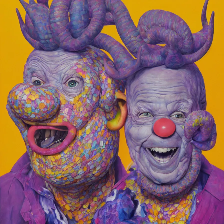 Image similar to rare hyper realistic portrait painting by chuck close, studio lighting, brightly lit purple room, a blue rubber duck with antlers laughing at a giant laughing worm with a clown mask