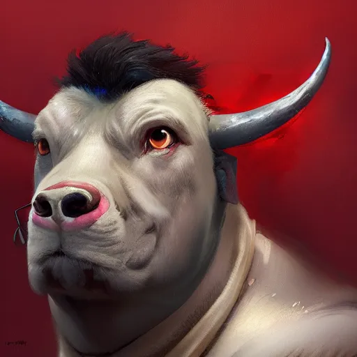 Image similar to a award winnimg commission portrait of a fit anthro bull wearimg a red tracksuit,digital art,art by greg rutkowski,character design by charles bowater,professional character design,ross tran,artstation,deviantart,photorealistic,detailed face,hyperdetailed,4k