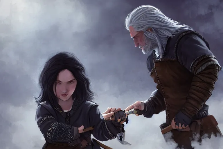 Image similar to Little Geralt and little Yennefer play together, Yennefer uses magic, digital art by greg rutkowsky, masterpiece, balanced colors HD