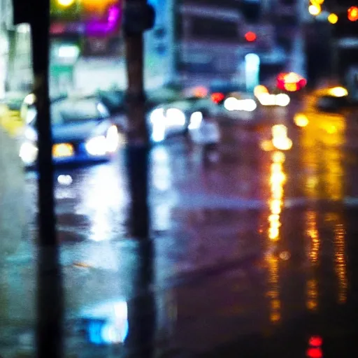 Image similar to zoomed in iphone photo rainy night in the city, reflections, car lights