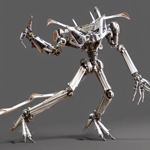 Prompt: insectoid mecha with grasshopper mecha legs, long bladed claws by makoto kobayashi, frank gehry, alex pardee, hardsurface armour, 3 d, 8 k hd resolution, trending on artstation, smooth metal, beautifully lit, hyper detailed, bandai box art, intricate, sleek design