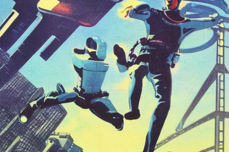 Prompt: 1 9 7 9 omni magazine cover of jumping off a bridge above a park in osaka. cyberpunk style by vincent di fate