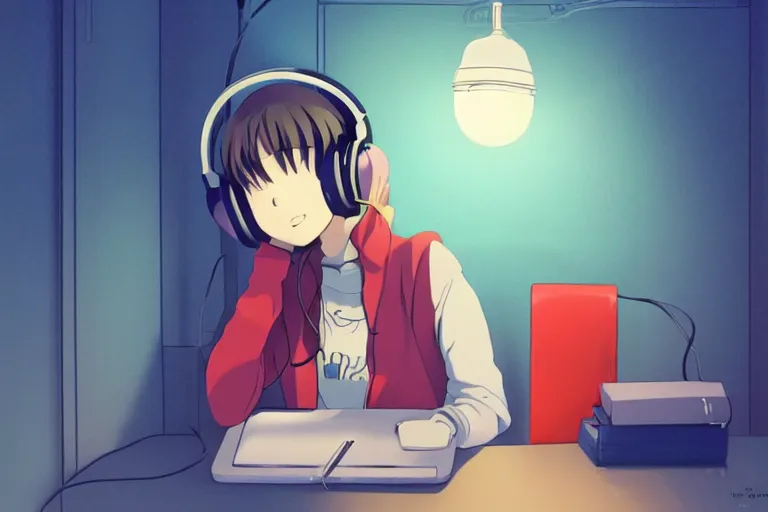 Image similar to lo - fi anime girl, wearing a blue cardigan and red aesthetic lo - fi headphones, studying in a brightly lit room, a lamp hovers above as it illuminates the room, illustrated by juan pablo machado, nighttime!!!!!!, cgsociety contest winner, artstation, golden ratio, dim lighting, studio ghibli!!!, 4 k