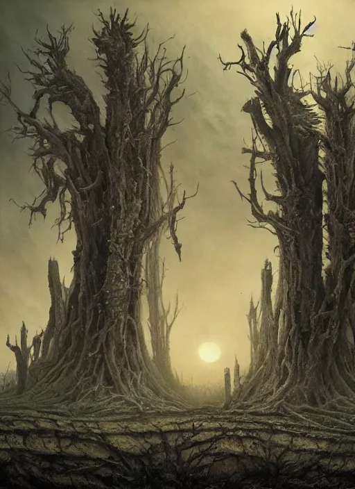 Prompt: a dramatic matte painting of The Tomb in the dystopian landscape is opening through the ground, the dead has arisen under the glowing moon, dead trees and a brooding landscape by Giger and Dariusz Zawadzki and Beksinski