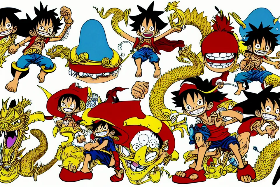 Image similar to concept sketches of luffy wearing a gold crown riding a large dragon by jamie hewlett, in the style of megaman, micro detail