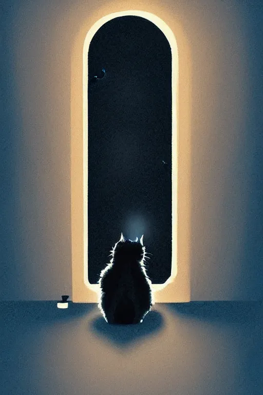 Prompt: chanting black cat sitting next to a glowing doorway, digital illustration, artstation, artstation hq, hd