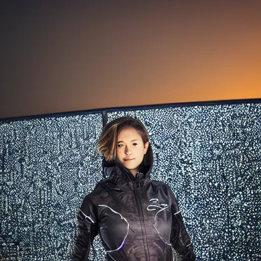 Image similar to photographic portrait of a techwear woman, closeup, on the rooftop of a futuristic city at night, sigma 85mm f/1.4, 4k, depth of field, high resolution, 4k, 8k, hd, full color