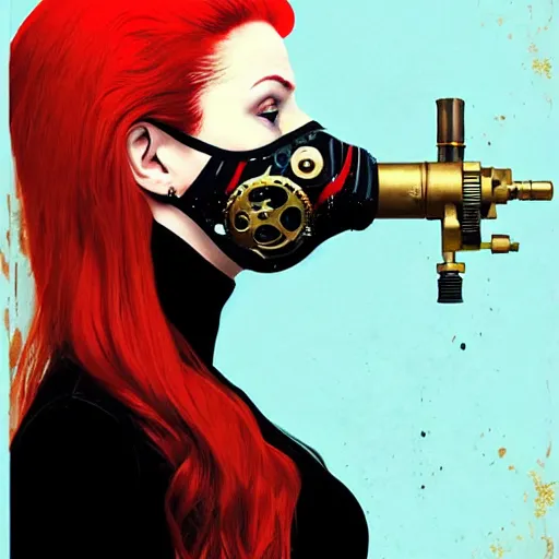 Prompt: portrait of red head woman with a diver mask :: side profile :: in ocean :: guns and bullets :: metallic clockwork details :: gold and petals pattern :: blood and horror :: by marvel and Sandra Chevrier