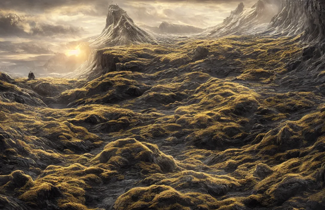 Image similar to a highly detailed icelandic environment on the edge of an huge abyss, detailed intelligent scrollwork, hyperreal phantastic, intricate details in environment, meeting point, luminance, golden ratio, high aestehtic, cinematic light, dramatic light, godrays, distance, photobash, wideangle, bierstadt, hyperreal 4 k