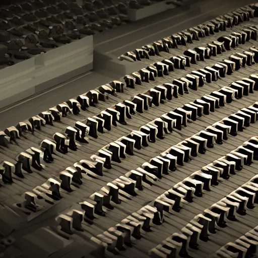 Image similar to ultrarealistic photo of an infinite number of monkeys sitting at desks typing on an infinite number of typewriters. Their desks are in even rows going off to infinity. isometric view. unreal engine.