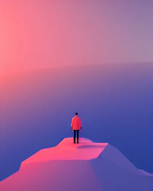 Image similar to a man standing in the middle of a mountain looking at a glowy shape, a render by filip hodas, behance contest winner, environmental art, rendered in cinema 4 d, volumetric lighting