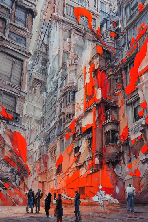 Prompt: Oil painting of people in a city looking at a white building covered with a red and orange 3d graffiti mural with paint dripping down to the floor, intricate, highly detailed, smooth, artstation, painting by moebius and james jean and Artgerm and yoshitaka Amano and Greg Rutkowski and Zdislav Beksinski