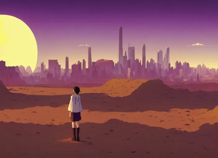 Prompt: cel shading background, science fiction pc game point - and - click adventure, studio ghibli, desert with city in the skyline, two suns, purple orange colors, sharp focus, illustration, highly detailed, digital painting, concept art, matte, art by wlop and artgerm and greg rutkowski, masterpiece