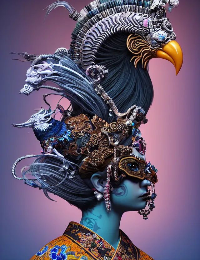 Image similar to 3 d coherent goddess close - up profile portrait punk with mohawk with ram skull. beautiful intricately detailed japanese crow kitsune mask and clasical japanese kimono. betta fish, jellyfish phoenix, bio luminescent, plasma, ice, water, wind, creature, artwork by tooth wu and wlop and beeple and greg rutkowski