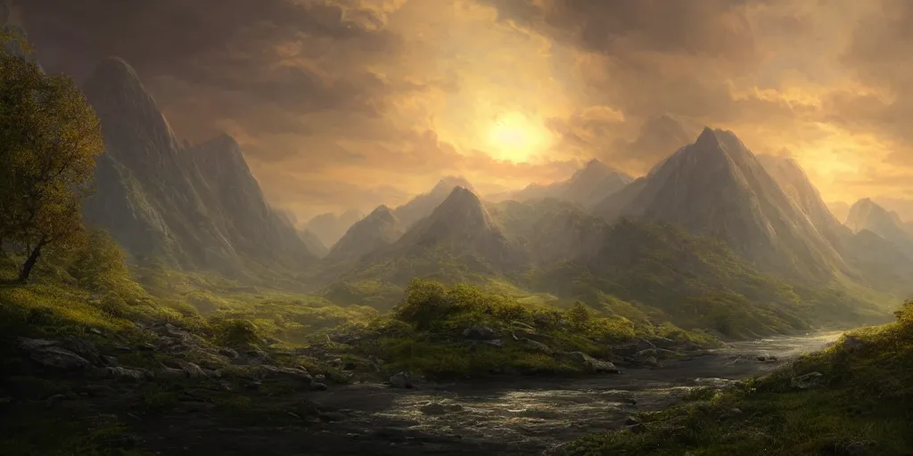 Prompt: in the center aflying saucer, in a valley crossed by a small river, with a small forest, and mountains in the distance, beautiful mattepainting, featured on artstation, by john howe & quentin mabille & dmitry zaviyalov, sunset, wallpaper, highly detailed, cinematic, ray tracing, unreal engine, photorealistic