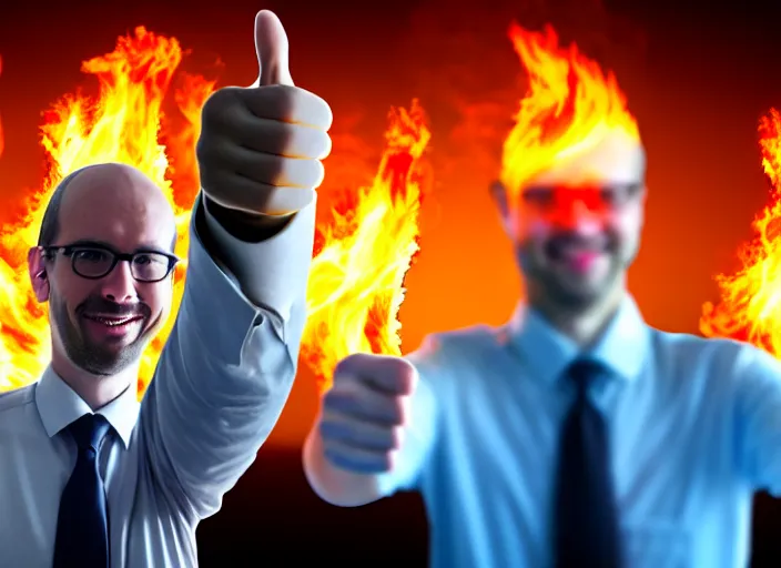 Image similar to A photo of a system administrator doing a thumb up to the camera in front on burning servers, servers in flames in the background, happy system administrator doing a thumb up, uncropped, full body