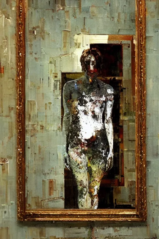 Image similar to a beautiful glitched painting by robert proch and christian hook of a woman in a bathroom mirror, metal rust and plaster materials, brushstrokes by jeremy mann, still life, dark colors