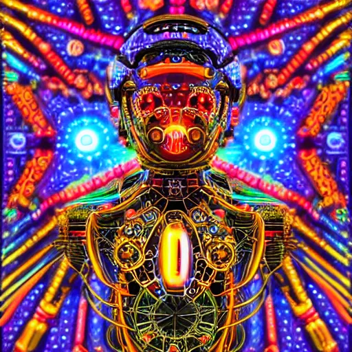 Prompt: hyperdetailed masterpiece portrait of a steampunk robot, covered in colorful glowing holy geometry and chakras, wearing a diadem of multicolored tubes and cables, symmetrical, 8 k, halluzinogenic, flourescent colors on black background