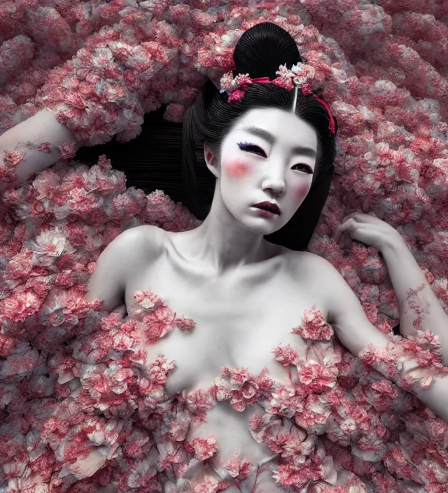 Image similar to baroque portrait of a geisha berserker designed by vitaly bulgarov who is lying down in a river made of thousand of flowers, photorealistic, octane render, 8 k, depth of field