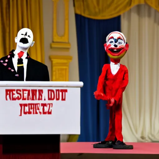 Image similar to string puppet of a president with clown makeup in a podium and a human shadow behind