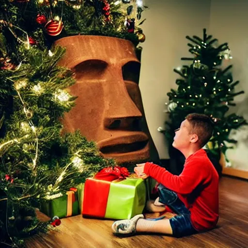 Image similar to a kid at christmas disappointed and crying looking a giant moai statue, his hands buried in his face, sitting down, looking disgusted and annoying | inside of a house next to a christmas tree, large opened present box next to the moai