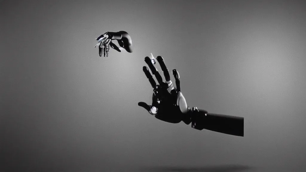 Image similar to movie scene of a robot extending hand, movie still, cinematic composition, cinematic light, by david lynch