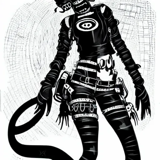 Prompt: a cybergoth woman wearing goggles and eccentric jewelry by jamie hewlett : : full body character concept art, detailed,
