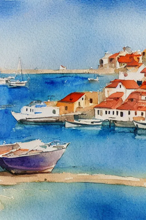 Prompt: watercolor painting of realistic adriatic coast, summer period with boats, watercolor, tonal colors, natural lighting, blue.