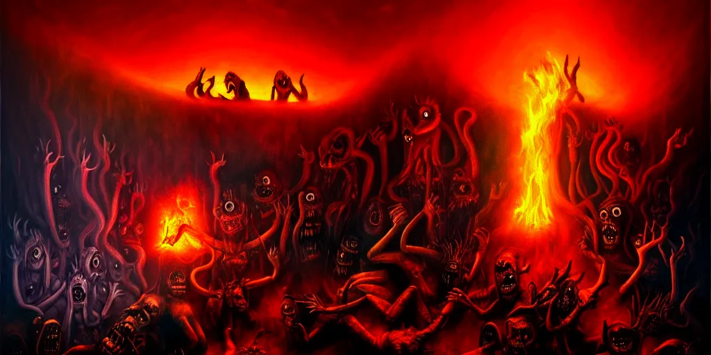 Image similar to repressed emotion creatures and monsters at the mouth of hell, dramatic lighting glow from giant fire, attempting to escape and start a revolution, in a dark surreal painting by ronny khalil