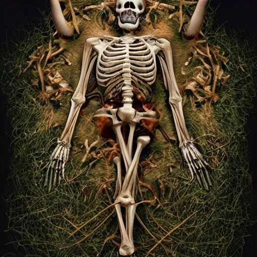 Prompt: Skeleton lying unconscious on the grass wearing greek clothes, fallen god, gold crown and filaments, visible arteries and veins and spine and bones and muscles and nerves, intricate, headshot, highly detailed, digital painting, artstation, concept art, sharp focus, cinematic lighting, illustration, art by artgerm and greg rutkowski, alphonse mucha, cgsociety