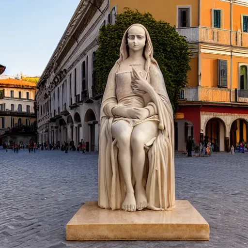 Image similar to A marble sculpture of The Mona Lisa in the middle of an empty Italian piazza, golden hour, 8k photograph, sunny day, low angle