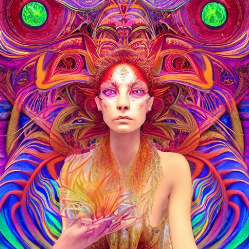 Image similar to A reality bending psychedelic ayahuasca experience, colorful, distorted, surreal, tropical bird feathers, dramatic lighting on the face, intricate, elegant, highly detailed, digital painting, concept art, smooth, sharp focus, illustration, art by Krenz Cushart and Wayne Barlowe and alphonse mucha