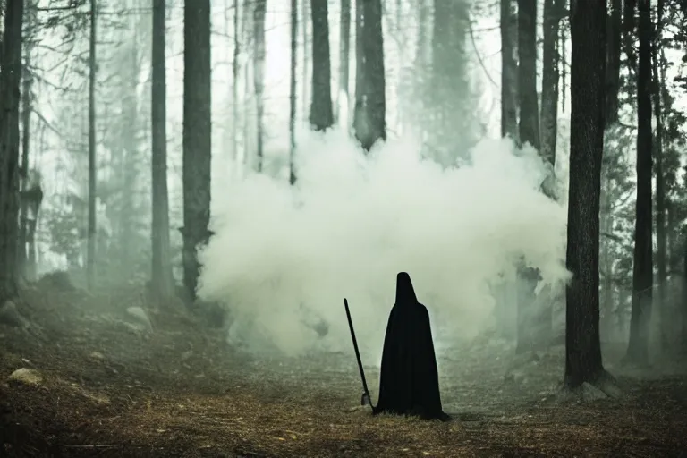 Image similar to grim reaper cloaked in smoke coming at you in a dark forest