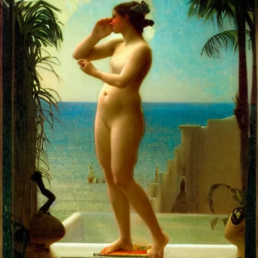 Prompt: Silhouette of a girl at the palace, thunderstorm, greek pool, beach and palm trees on the background major arcana sky, by paul delaroche, alphonse mucha and arnold böcklin arnold böcklin hyperrealistic 8k, very detailed