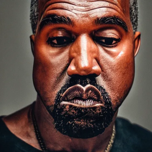 Image similar to the face of older kanye west wearing yeezy clothing at 5 0 years old, portrait by julia cameron, chiaroscuro lighting, shallow depth of field, 8 0 mm, f 1. 8