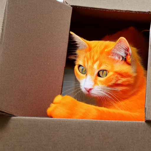 Prompt: an orange cat looking into a box ~ box is on fire ~ fire ~ high - resolution photo ~