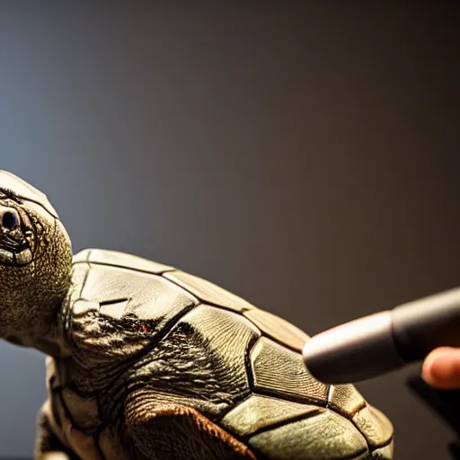 Prompt: a antropomorphic turtle making voice over in professional studio. Studio lighting f 1.2