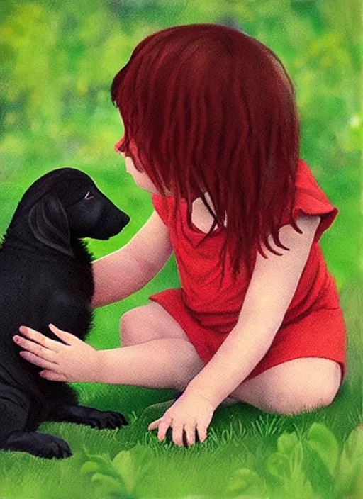 Image similar to “a red-haired child with dark skin playing with a puppy in the garden in the style of Mary Engelbreit”
