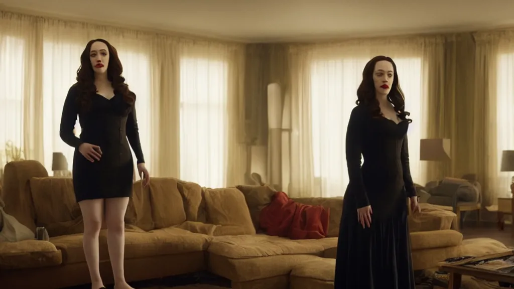 Image similar to Kat Dennings standing in the living room, film still from the movie directed by Denis Villeneuve with art direction by Salvador Dalí, wide lens, 4K, realistic