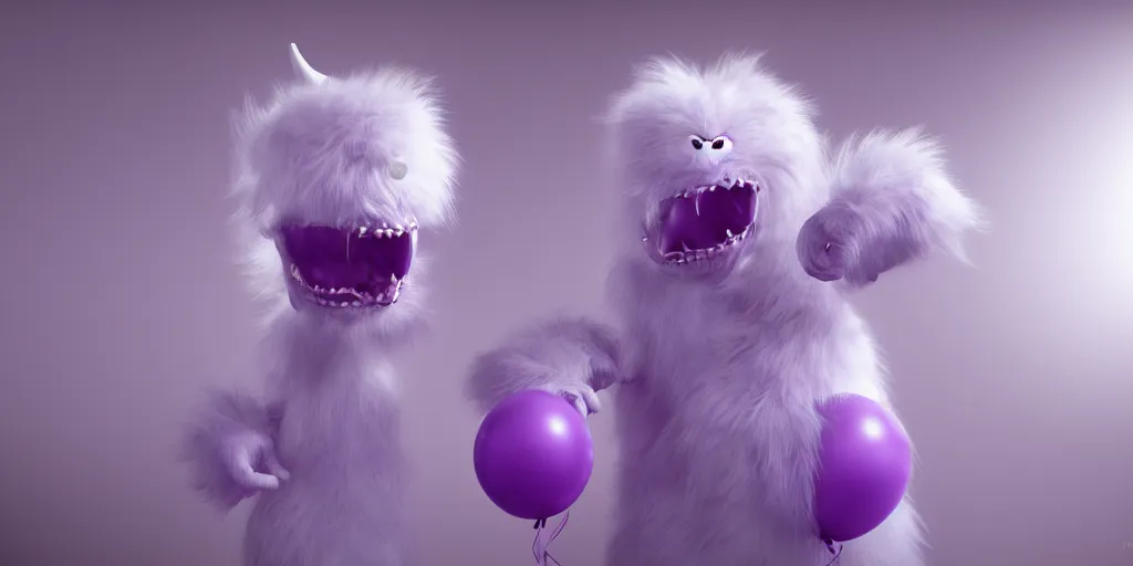 Image similar to a photo of white fur monster standing in a purple room, standing with balloon, horror, hyper realistic, detailed, trending on artstation