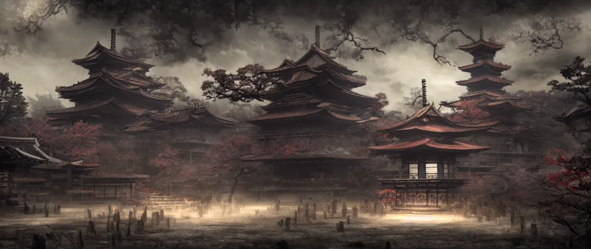 Prompt: gothic Japanese Shinto temple, concept art, digital painting, matte painting, in the style of sekiro, Bloodborne, dark souls, demon souls, dark, night time, volumetric lighting, large scale, high detail, trending on art station, view from afar