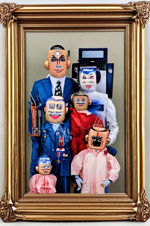 Image similar to A beautiful professional robot family portrait, by Bachrach Studios, 1980s, in an ornate wooden frame