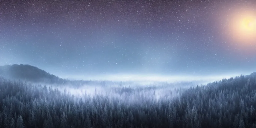 Prompt: moonlit night, forested mountains, cold light, dense forest, overhead view, fog, 2 d disney cartoon style