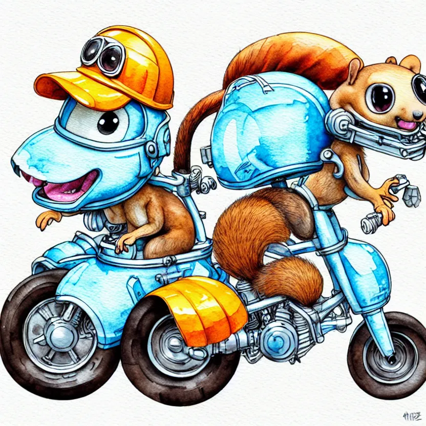 Image similar to cute and funny, squirrel wearing a helmet riding in a hot rod with oversized engine, ratfink style by ed roth, centered award winning watercolor pen illustration, isometric illustration by chihiro iwasaki, edited by range murata, tiny details by artgerm and watercolor girl, symmetrically isometrically centered, sharply focused