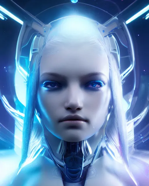 Image similar to perfect android girl on a mothership, warframe armor, beautiful face, scifi, futuristic, galaxy, nebula, raytracing, dreamy, long white hair, blue cyborg eyes, sharp focus, cinematic lighting, highly detailed, artstation, divine, by gauthier leblanc, kazuya takahashi, huifeng huang