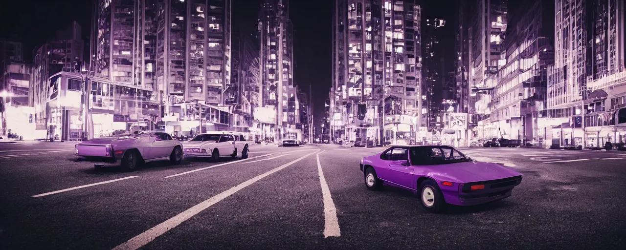 Prompt: 80s sports cars parked on deserted city street at night time purple lighted street retro-wave vibes grainy soft motion blur, cinematic, low wide angle shot