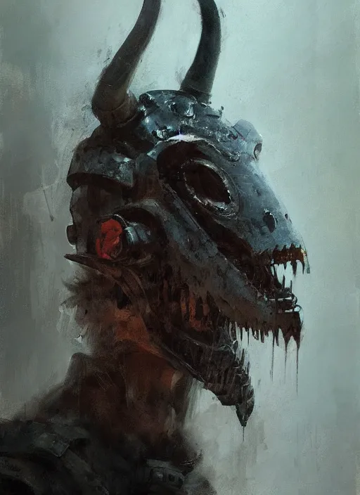 Prompt: portrait painting of berserker with a dinosaur head helmet, by jeremy mann, only one head single portrait