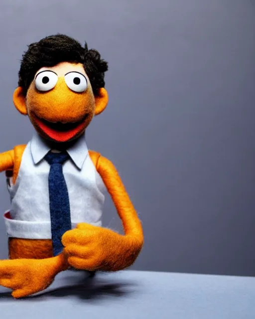 Image similar to oscar from the office as a muppet. highly detailed felt. hyper real photo. 4 k.