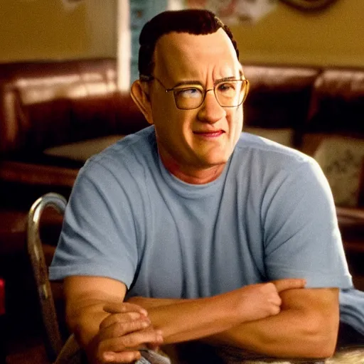 Image similar to Live Action Still of Tom Hanks dressed as and playing Hank Hill in the Live Action King of the Hill Movie, real life, hyperrealistic, ultra realistic, realistic, highly detailed, detailed, very detailed, cool, ultra detailed, very realistic, trending on artstation, epic, HD quality, 8k resolution, body and headshot, film still, real, detailed face, very detailed face, real life, front face, front view, dramatic lighting, real, real world